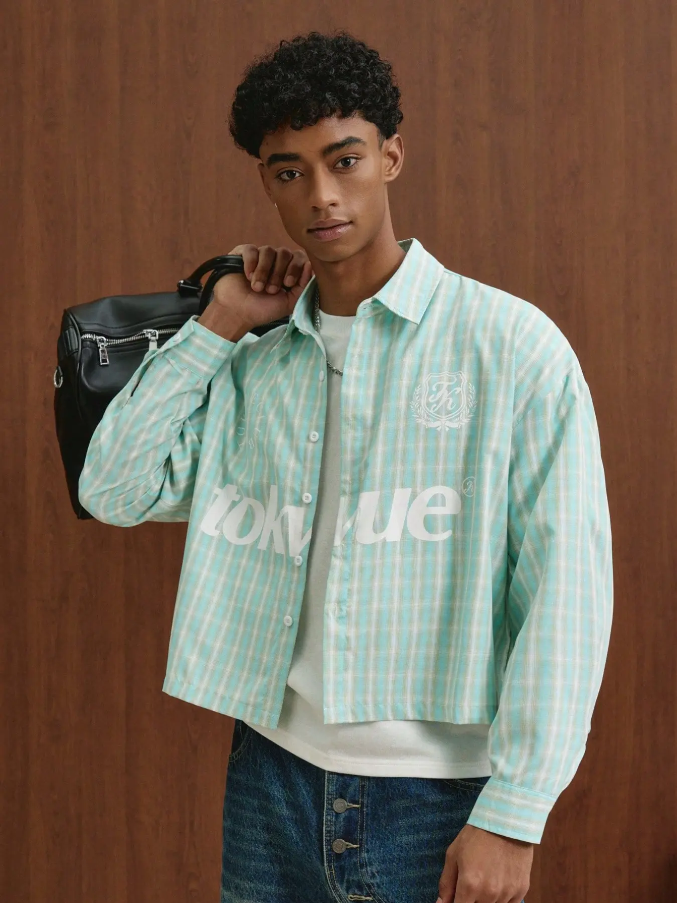 Men's Y2K Plaid Cropped Button Up Shirt Trendy Mint Green Graphic Oversized Layering Jacket for Daily Streetwear & Dates