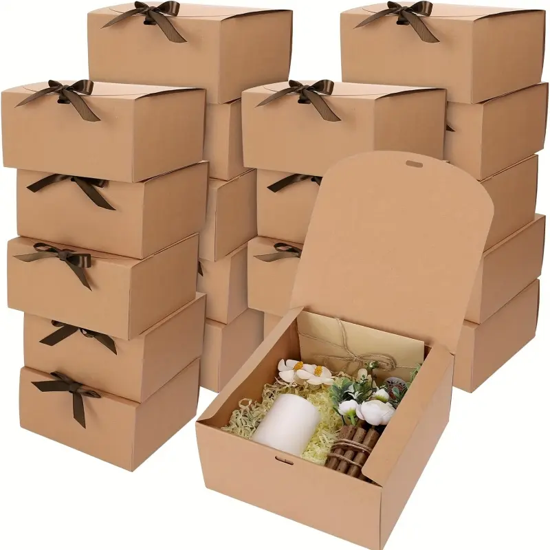 10pcs(5 gift boxes and 5 ribbons) packed in brown gift boxes with lids and ribbons-elegant kraft paper wedding, Christmas, birthday, baby shower, bridal shower, anniversary, Valentine's Day gift boxes, gift boxes in batches, gift boxes, elegant packaging