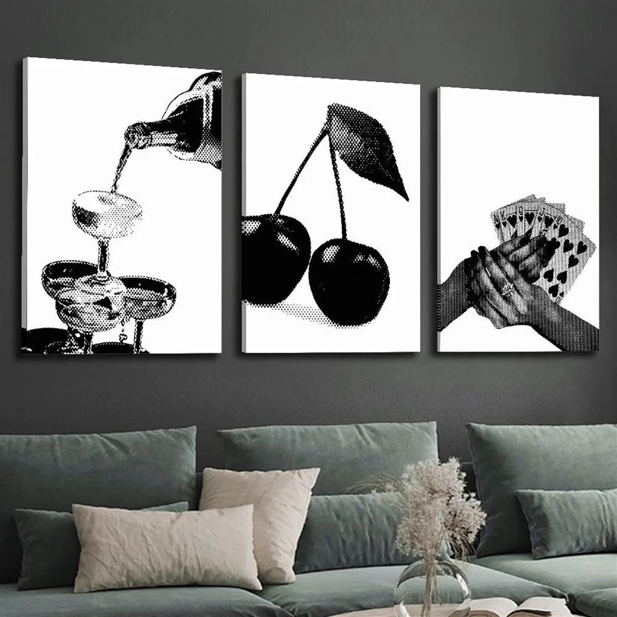 Framed 3-Piece Home Decor Set - Black & White Triptych Art Print, Burgundy Cherry Themed Card, Canvas Wall Art, Clearance 2D Flat Decorative Painting for Halloween, Christmas, Luxurious Interior Accent