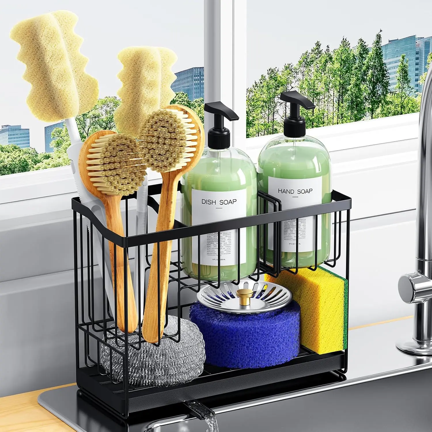 Kitchen Sink , 2-Tier Self-Draining Sponge & Dish Brush Holder, Rustproof 304 Stainless Steel Space-Saving Organizer with Drying Tray, Black