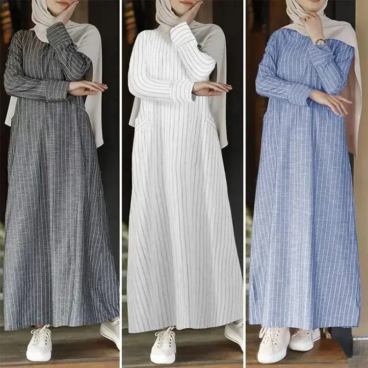 Cotton and linen pullover round - neck A - line dress abaya Maxi Modesty Modestdresses