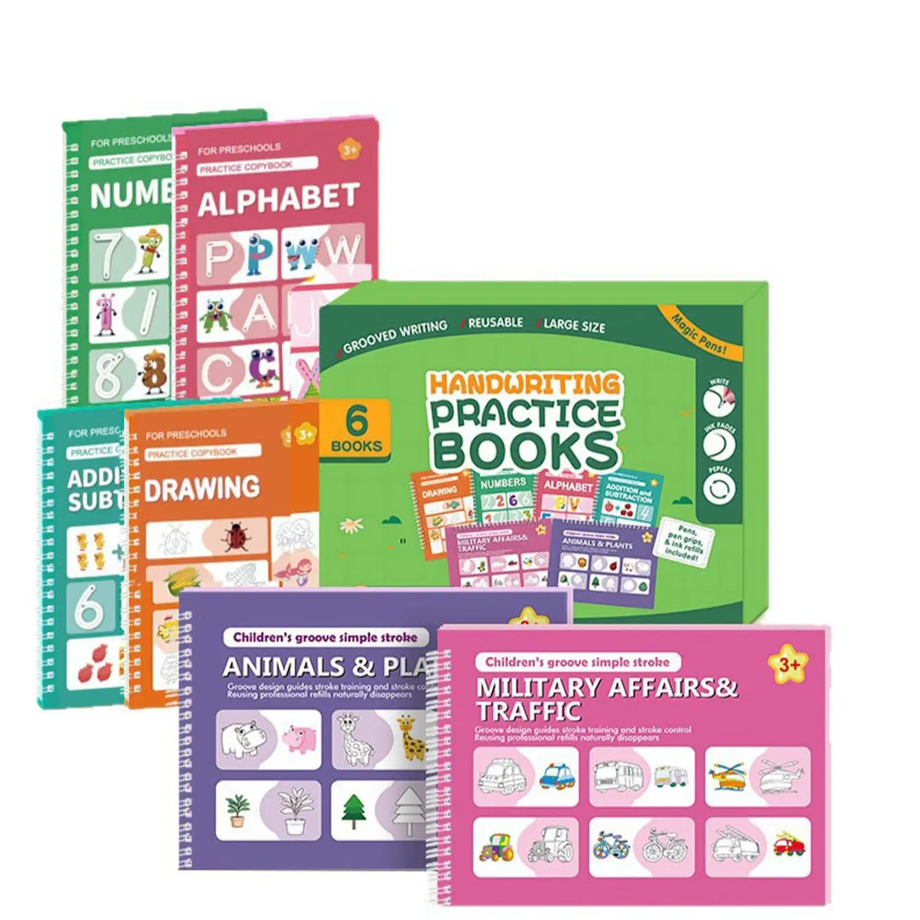 6 Books Groove Calligraphy Reusable Practice Set, Simple Drawing Introduction, Pen Control Training, Magic Learning, Includes Letters and Numbers