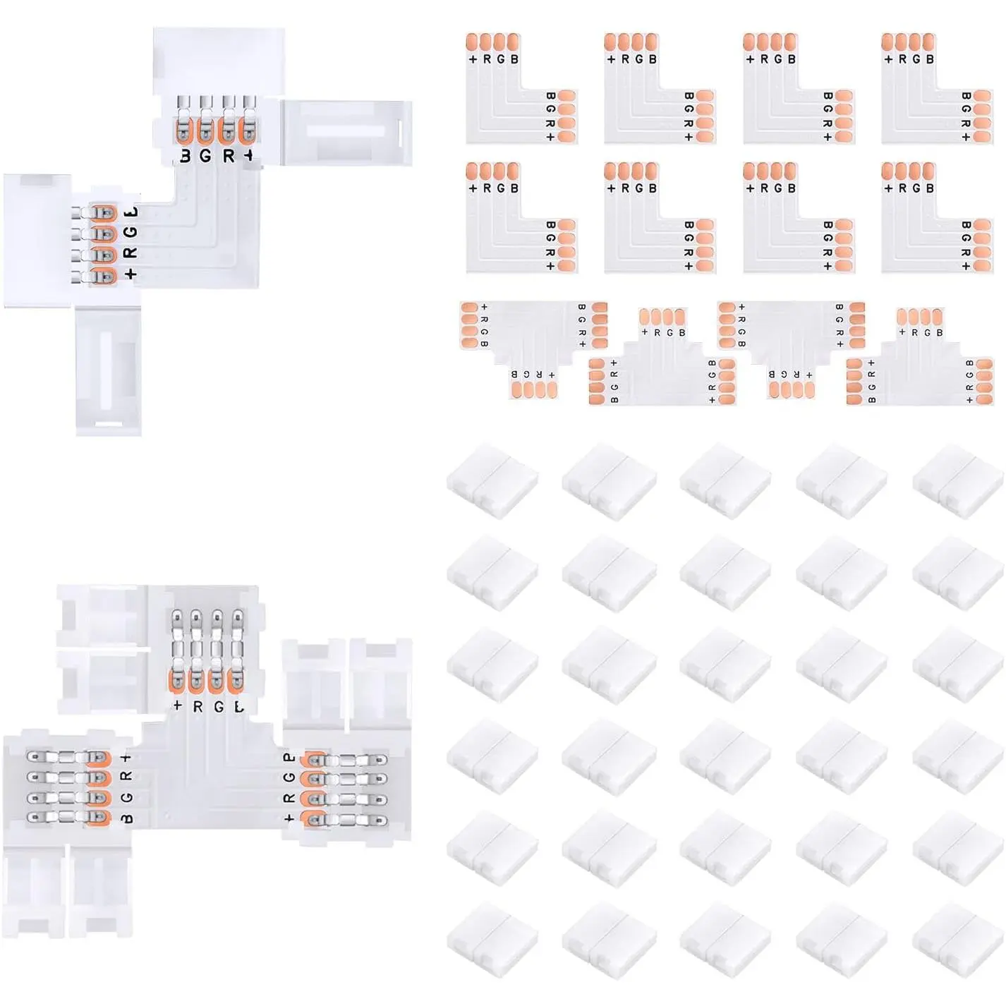 42-Count Synthetic 4-Pin 10mm Solderless LED Strip Connector Kit for RGB Lights, 8 L-Shape, 4 T-Shape, 30 Connector Clips, Easy DIY for Home Improvement LED Lighting Projects