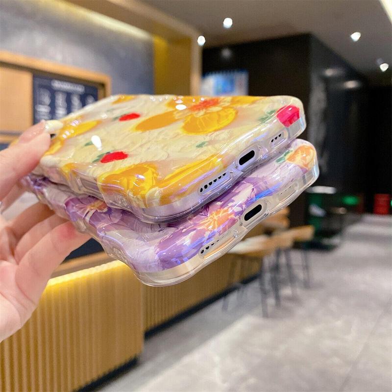 Colorful Retro Oil Painting Printed Flower Laser Glossy Case for iPhone 17 Pro Max 16 15 14 13 Cute Curly Wave Edge Exquisite Phone Cover Stylish Durable TPU Protective Case for Girl Women