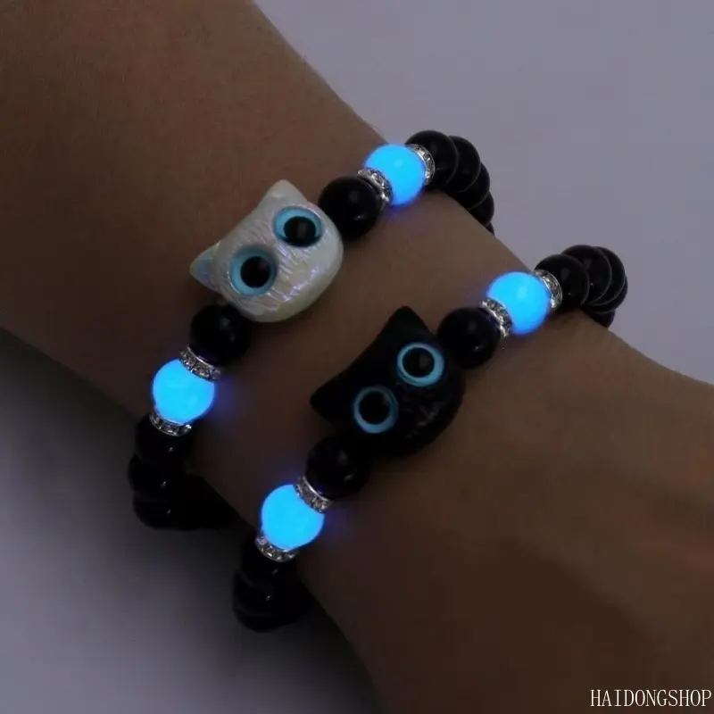 Viral Kawaii Y2K Glow In The Dark Cat & Cheese Beaded Couple Bracelets, Original Cute Black White Matching Wrist Jewelry, Aesthetic Accessory For Daily Wear Dating Holiday Gift Styling