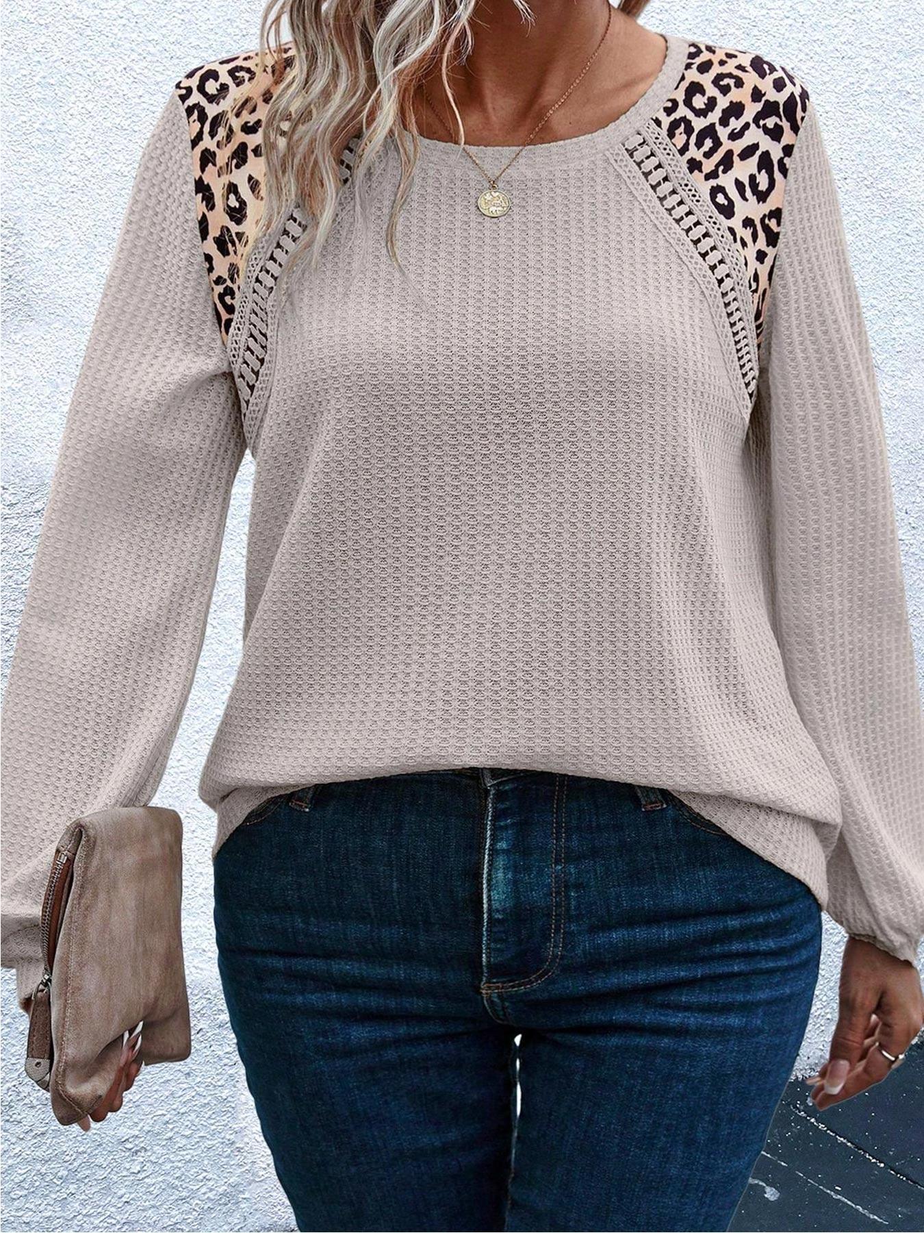 【Plus Size】 Leopard Patchwork Print Round Neck Knit Sweater Fitted, Casual Long Sleeve Crew Neck Jumper for Spring, Women's Plus Clothing for Daily Wear, Hoodie, Tops