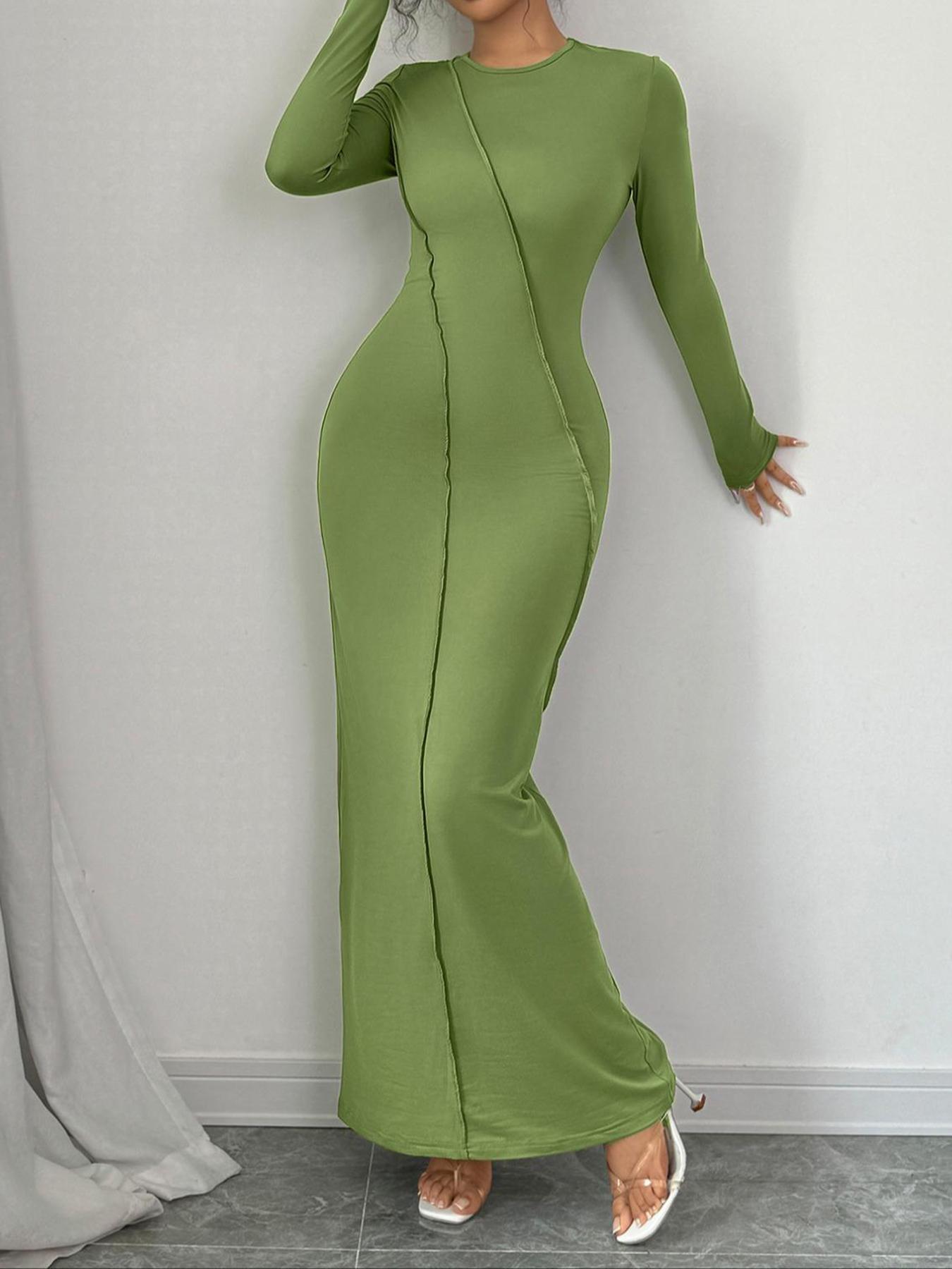 Aliling Women's Plain Round Neck Long Sleeve Dress, Elegant Modest Solid Color Dress for Evening Party Holiday Wedding Guest, Ladies Spring & Fall Clothes