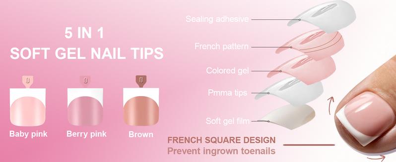 Toe Nail Press Ons, French Tips Toe Press On Nails, 150pcs Square Pre-Designed Soft Gel Thick False Toenail Extension, Berry Pink Full Cover Acrylic for DIY 15 Sizes