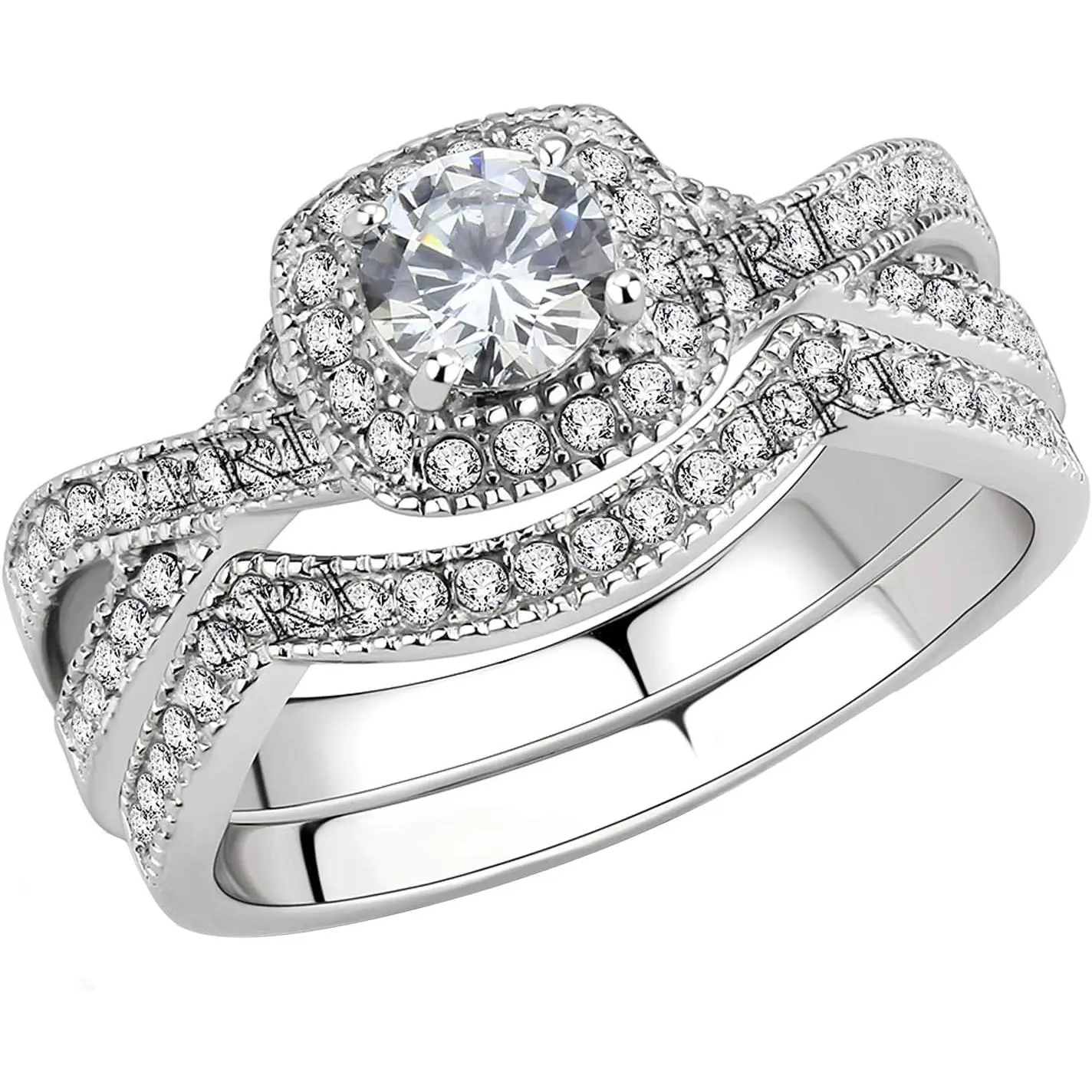 Stainless Steel Rings for Women Infinity Wedding Set Round CZ Cubic Zirconia Halo Engagement Bridal  Set