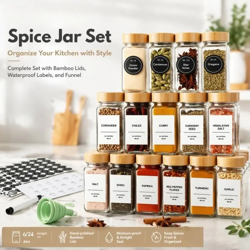 6/24 Piece Bamboo Lid Glass Seasoning Jar Set, Spices Containers, Includes Labels, Funnel, Cleaning Brush, Elegant Kitchen Storage Solution
