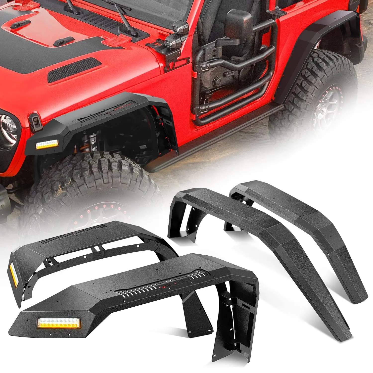 Nilight Steel Wide Fender Flares Front & Rear Set (8" Width, Aggressive Look) for 2018-2025 Jeep Wrangler JL/JL Unlimited 2/4-Doors, Bolt-On w/LED Offroad Lights, Turn Signals, DRL (Not for 2020+ Gladiator JT)
