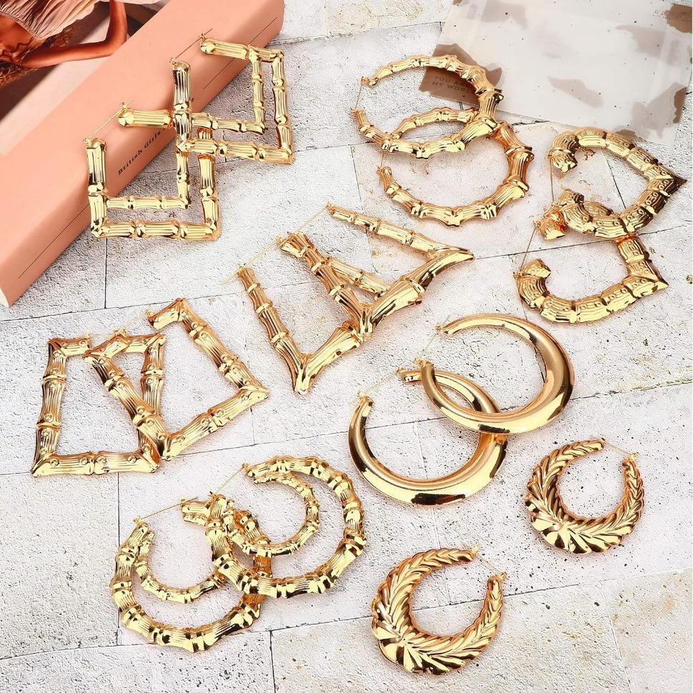 FINREZIO 8 Pairs Bamboo Earrings for Women Large Different Shape Bamboo Hoop Earrings Set Chunky Silver Gold Big Hoop Earring Hip-Pop Style Fashion Custom Jewelry Party Accessory Daily