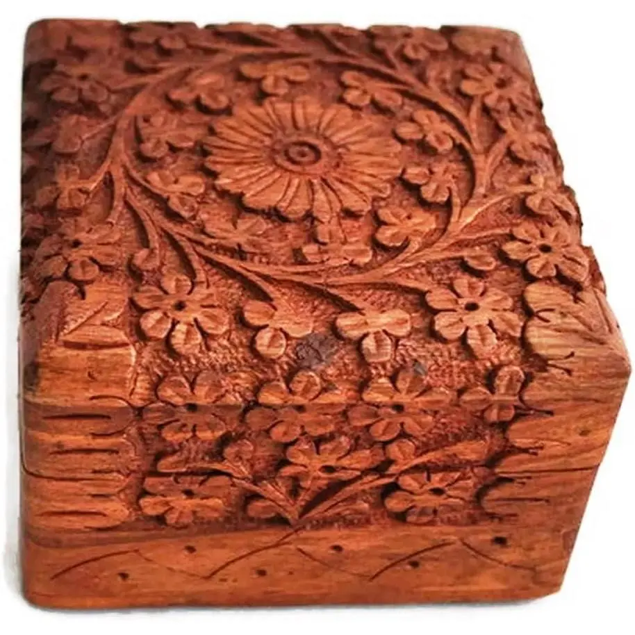 Box Rosewood Hand-Carved Novelty  Trinket Case Jewellery – 4 Inch Wooden Travel Jewel Organizer Brass Inlay  –  Birthday Aniversary Gifts for Women, Girls, Mom