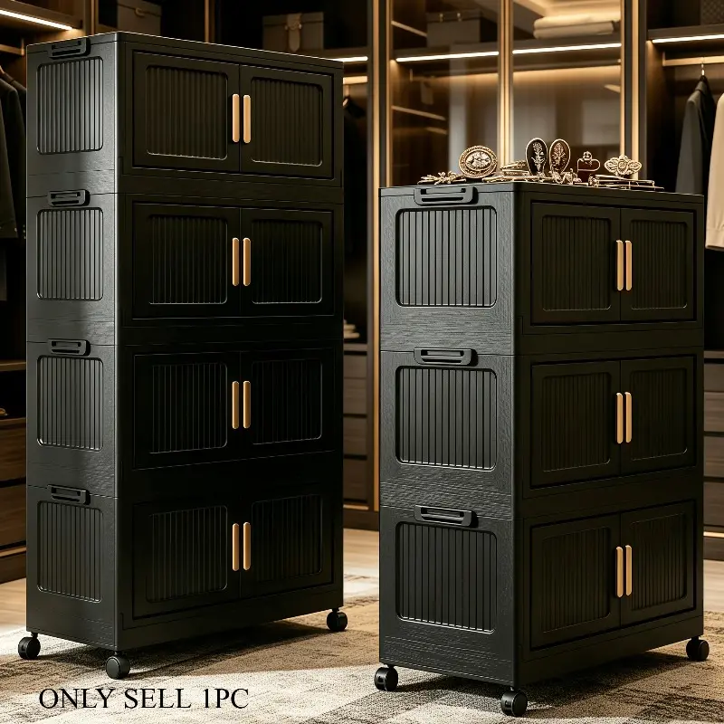 Stackable wardrobe storage cabinets, 3/4/5/6-tier black large-capacity movable storage cabinets, convenient foldable plastic wardrobe organizers, double-door organizing storage boxes, space-saving portable wardrobes with covers and doors