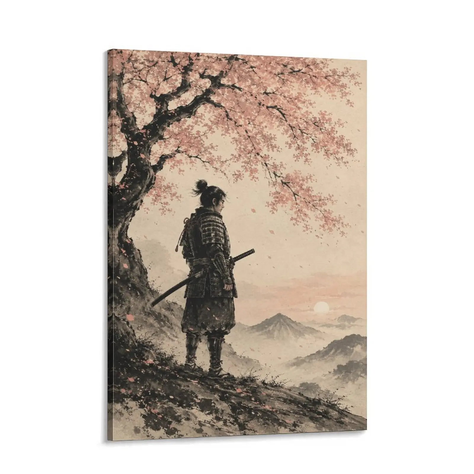 Samurai Under Cherry Blossoms Canvas Wall Art – Japanese-Inspired Sakura Poster, Vintage Ink Painting for Living Room, Bedroom
