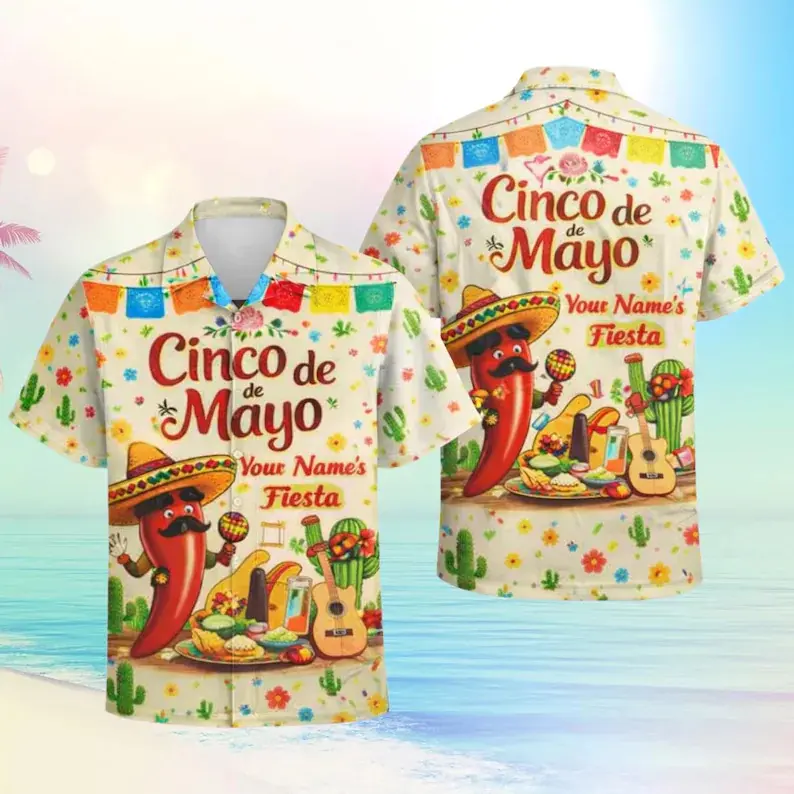 Cinco Mayo Hawaiian Shirt, Fiesta Shirt,Aloha Shirt, Mexican Chili Cartoon Shirt, Funny Party Summer Vacation