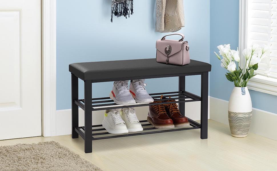Entryway Shoe Rack with Cushioned Seat, Shoe Bench for Entry, 2 Shelves Storage Bench w/Faux Leather Top Bed Bench, Black