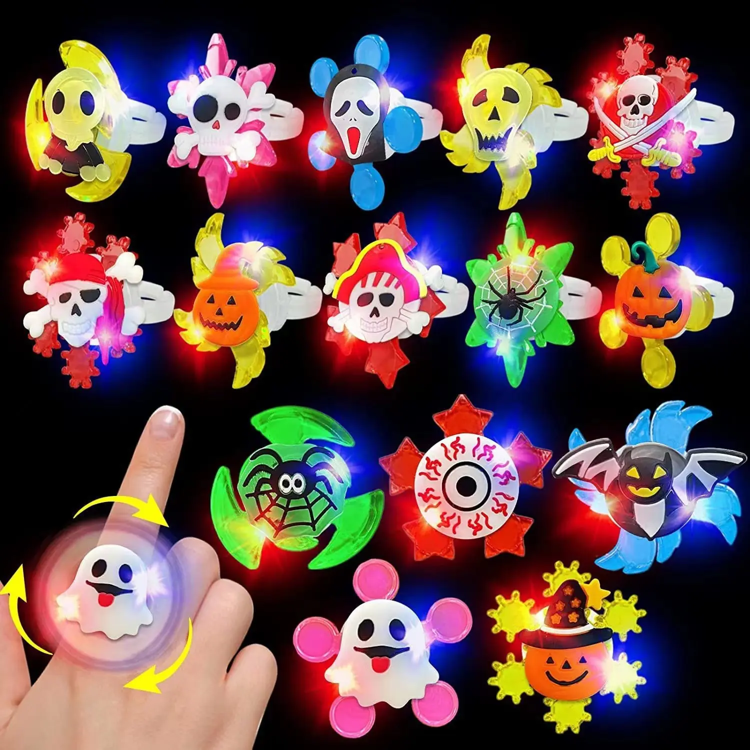 Halloween Glowing Gyro Ring, Manual Rotation LED Flash, Pumpkin Ghost Skull Designs, Party Decoration Stress Relief Jewelry