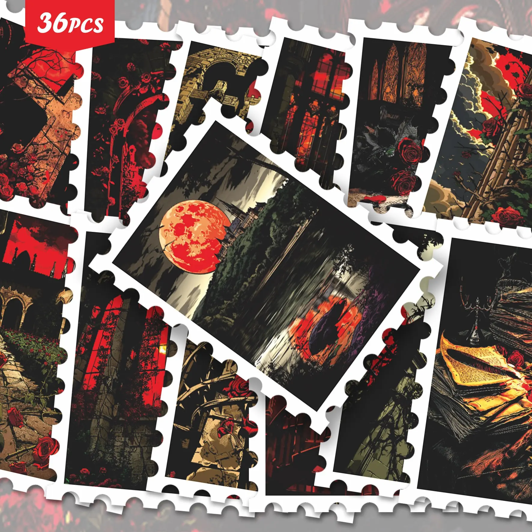 36pcs Dark Red Blood Moon Gothic Castle Stamp Stickers Pack | Thorn Red Rose Old Church Cemetery Dark Horror Landscape Graphics | Vinyl for Tablets, Water Bottles & Decor