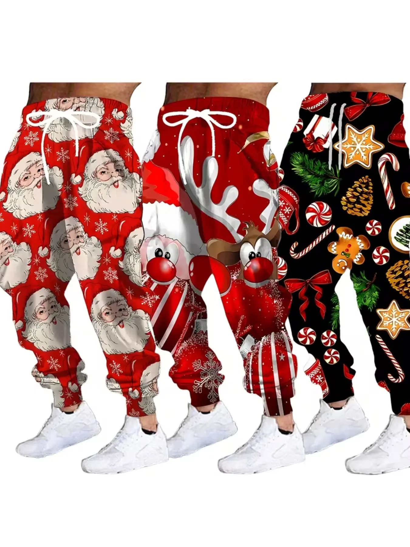 Men's Christmas Sport Pants Set, 3D Print Santa Claus Reindeer Gingerbread, Casual Drawstring Joggers, Holiday Festival Wear