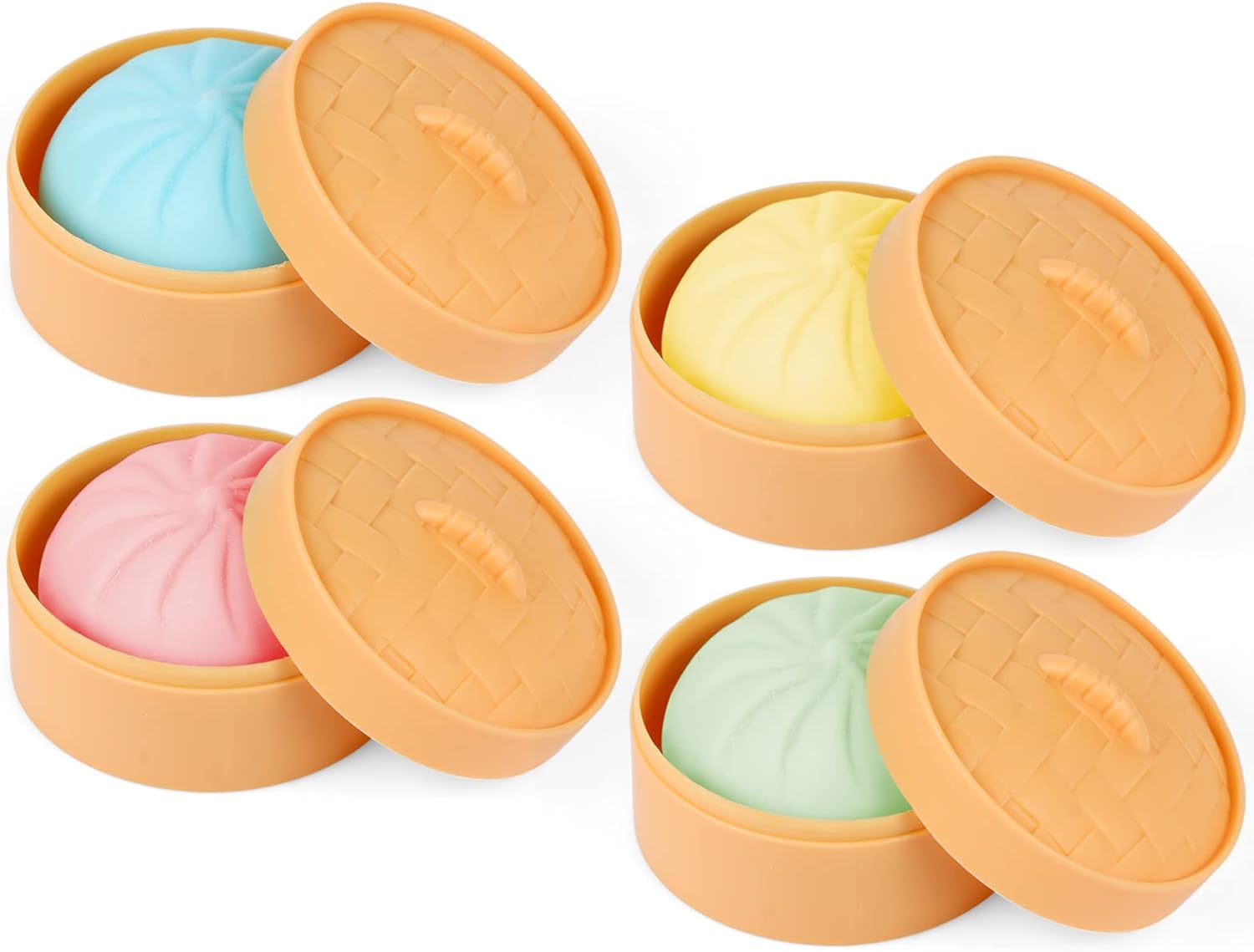 4 PCS Colorful Dumpling Stress Balls Fidget  Toy,Squeeze Dough Ball Stress Relief Hand Toy,Bun with  Steamer Stretchy Desk Toys, ideal gift choice Sensory Play Sweet Food Squishies