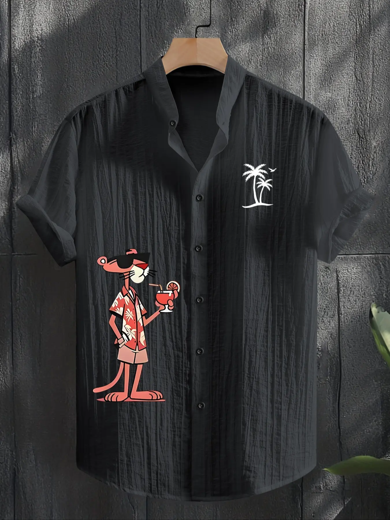 Men's Summer Casual Tropical Beach Shirt, Lightweight Breathable Polyester Spandex Blend, Cartoon Leopard Print, Stand Collar