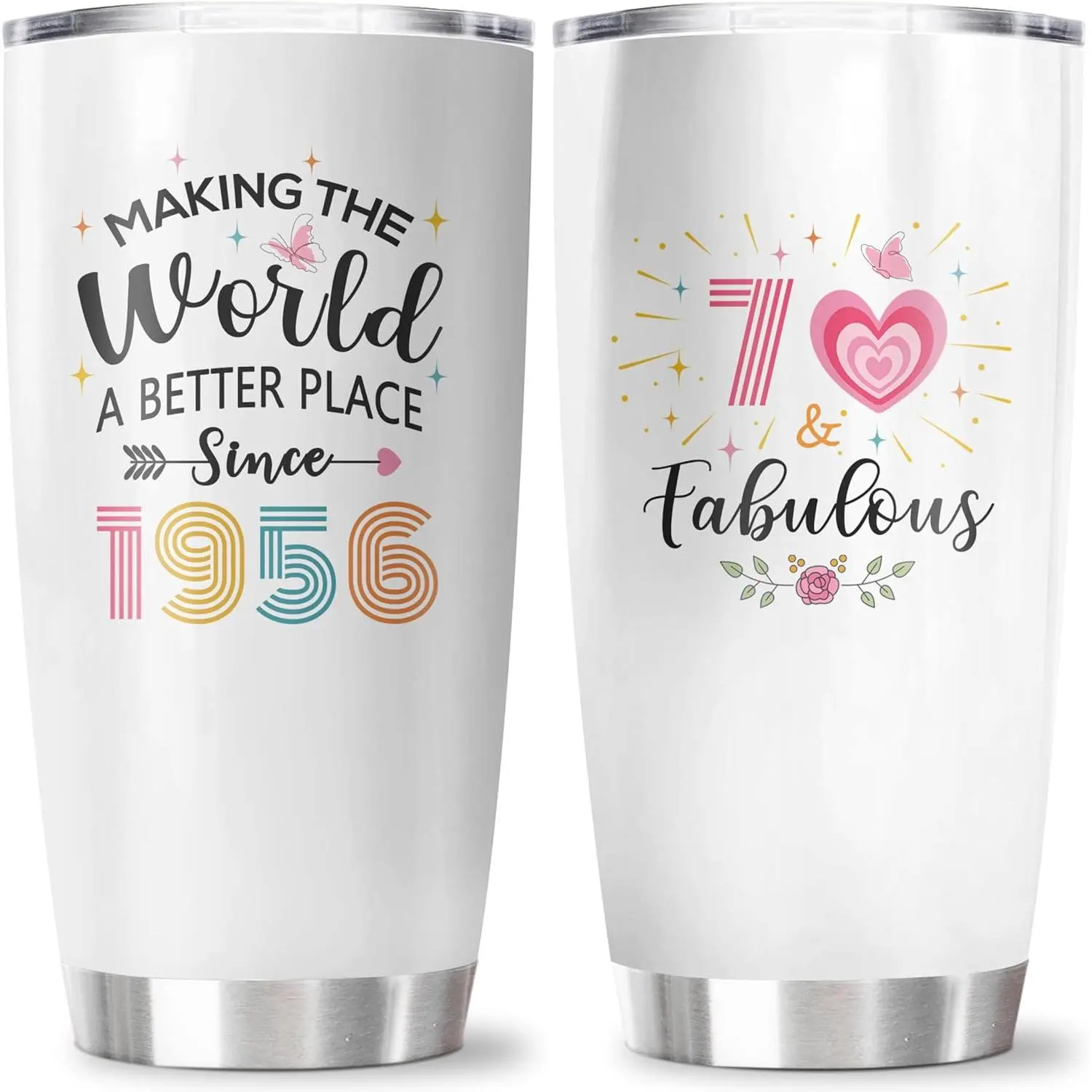 20oz Stainless Steel Insulated Vacuum Tumbler, Women's 70th Birthday Keepsake Gift for Mom & Grandma, Kitchenware Drinkware Present
