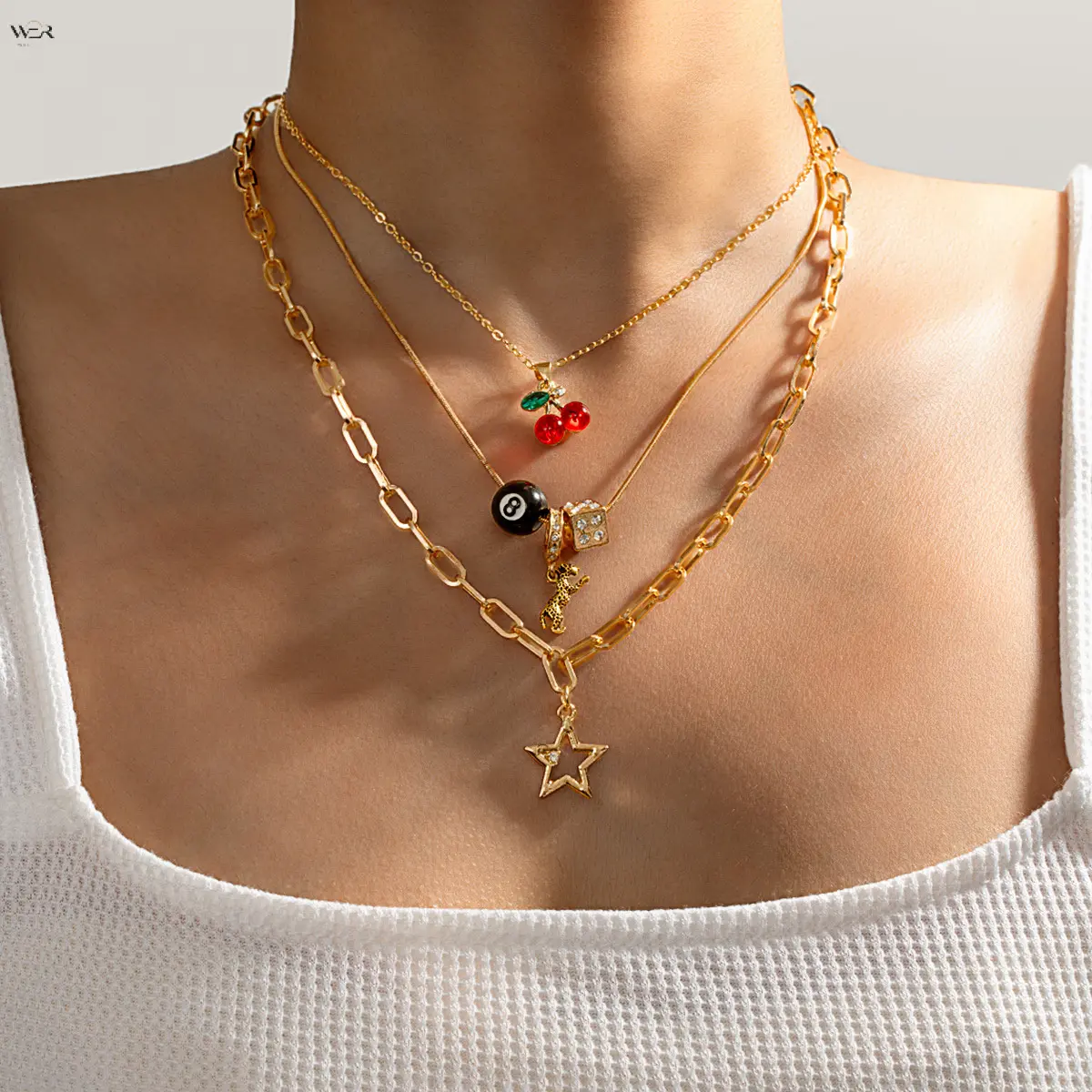 3 Layer Gold Stackable Necklace for Women, Mixed Snake Paperclip Chain with Cherry Billiard Dice Leopard Star Charms, Adjustable Extender Y2K Hip Hop Trendy Layering Jewelry for Daily Streetwear Party Birthday Gift