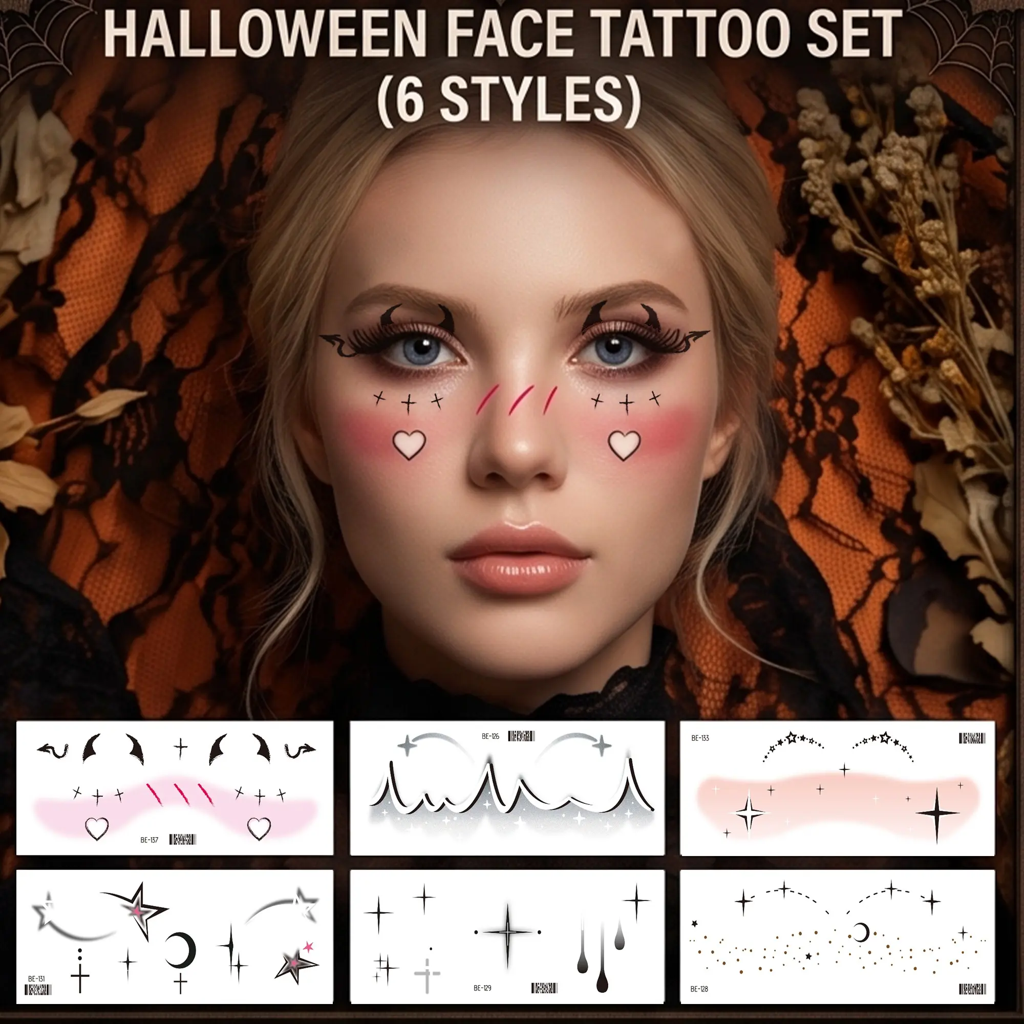 6 Sheets Halloween Face Temporary Tattoos, Cool Blush & Eyeshadow Makeup‑Style Stickers, Waterproof Sweat‑Resistant Face Decor for Men & Women, Temporary Tattoo Stickers, Cosplay Masquerade Party Supplies, DIY Prank Props