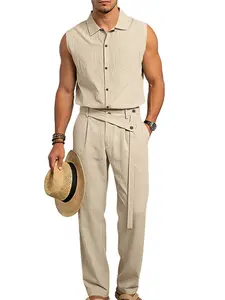 Men's Summer Linen Sleeveless Blouse and Long Pants Set, Casual Fitted Plain Design, All Seasons Fashion for Men