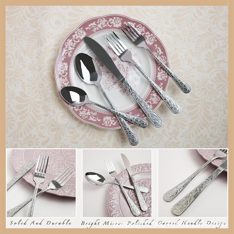 Stainless Steel Vintage Engraved Cutlery Set, 20pcs/set Including Knife & Fork & Spoon, Tableware Set for Home Kitchen Dining Room