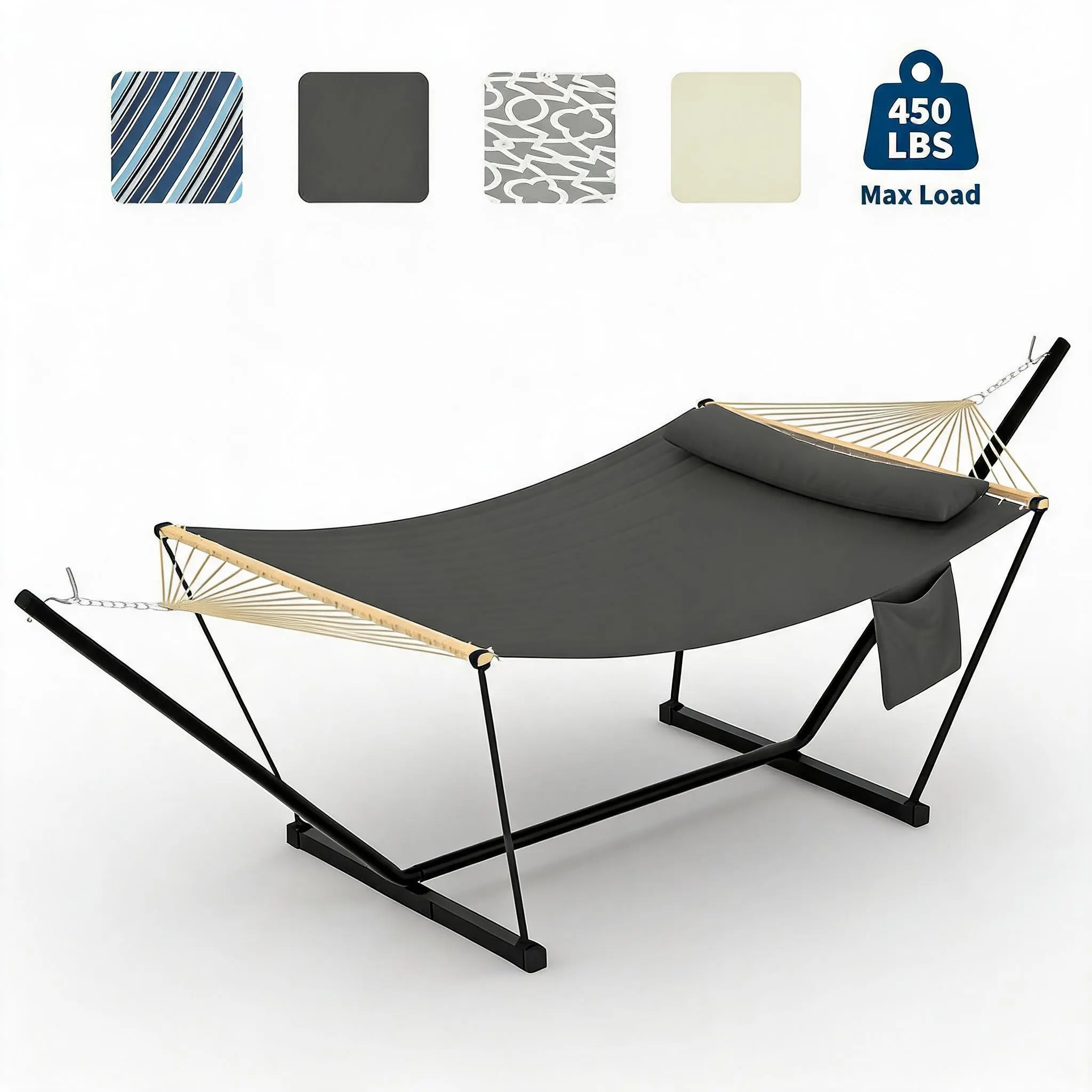 Heavy Duty 2 Person Double Hammock with Adjustable Steel Stand – Flat Wooden Frame, 450lbs Capacity, Portable Outdoor Swing Bed for Patio, Garden, Beach, Backyard
