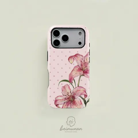 Classic Pink Polka Dot Watercolor Hand-Painted Lily iPhone Case Cover - 2-in-1 Protective Durable MagSafe-Compatible Flexible Shell, Personalized Protective Accessory for iPhone 18/17/16/15/14/13/12/11 Pro Max/Plus/Pro Series