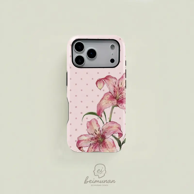 Classic Pink Polka Dot Watercolor Hand-Painted Lily iPhone Case Cover - 2-in-1 Protective Durable MagSafe-Compatible Flexible Shell, Personalized Protective Accessory for iPhone 18/17/16/15/14/13/12/11 Pro Max/Plus/Pro Series