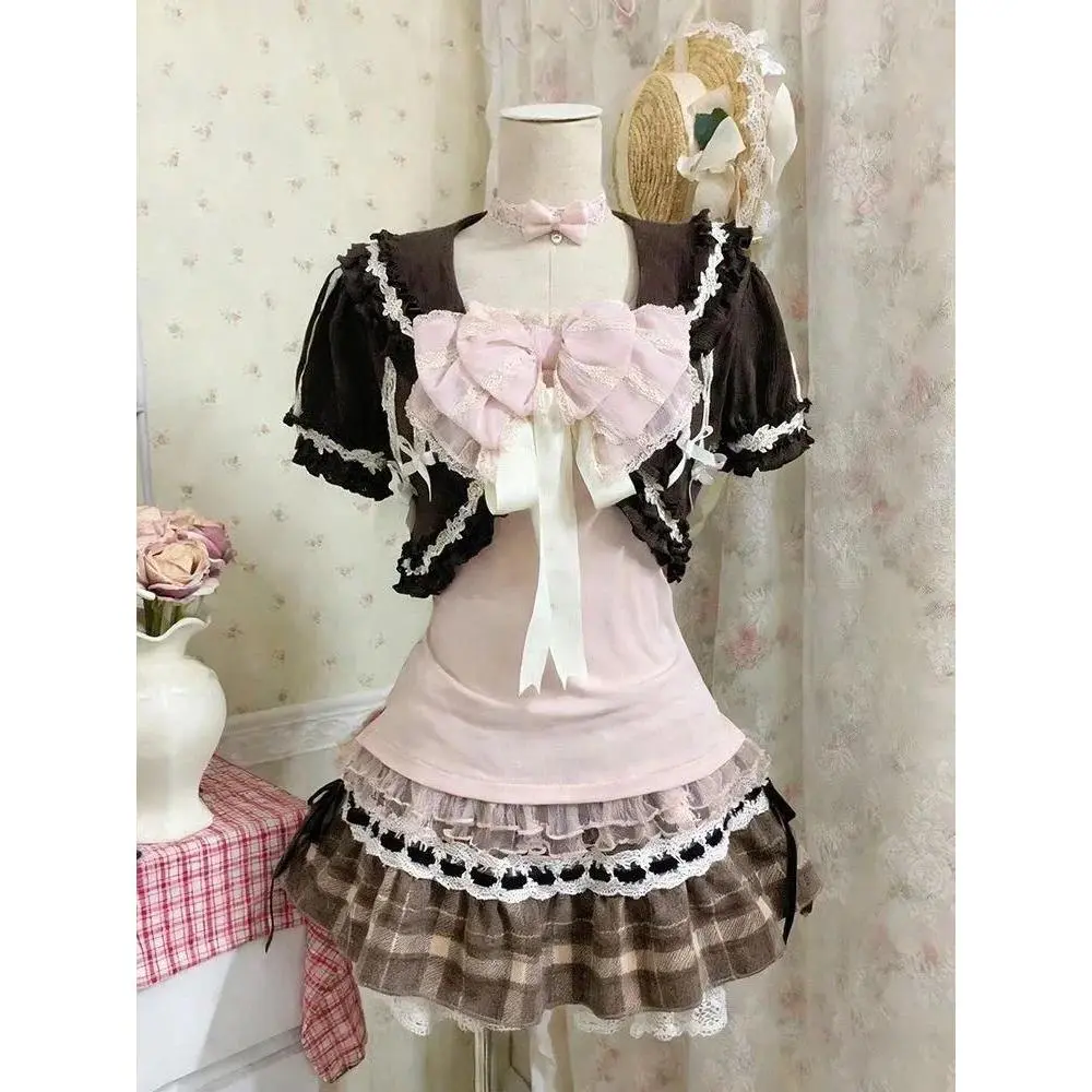 Sweet Lolita Vintage Suits Women Ruffles Cardigan + Sexy Y2k Corset Vest + Mini Skirts Autumn Korean Elegant 3 Piece Dress Sets