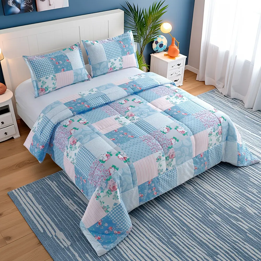 2/3 Pcs Luxury Comforter Set, Blue Checkered Floral Design, All Season Lightweight Super Soft Bedding for Deep Sleep, Includes 1 Comforter & 1/2 Pillowcases, Machine Washable, Perfect Gift for Family & Friends