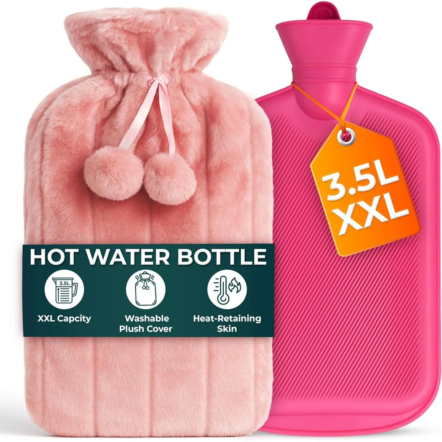 Hot Water Bottle with Cover XXX Large - 3.5L Pink Hot Water Bag for Pain Relief - 118Fl Oz Extra Large Washable Soft Faux Fur, Big Hot Water Pack for Sore Muscles, Period Cramps, Hot and Cold Compress
