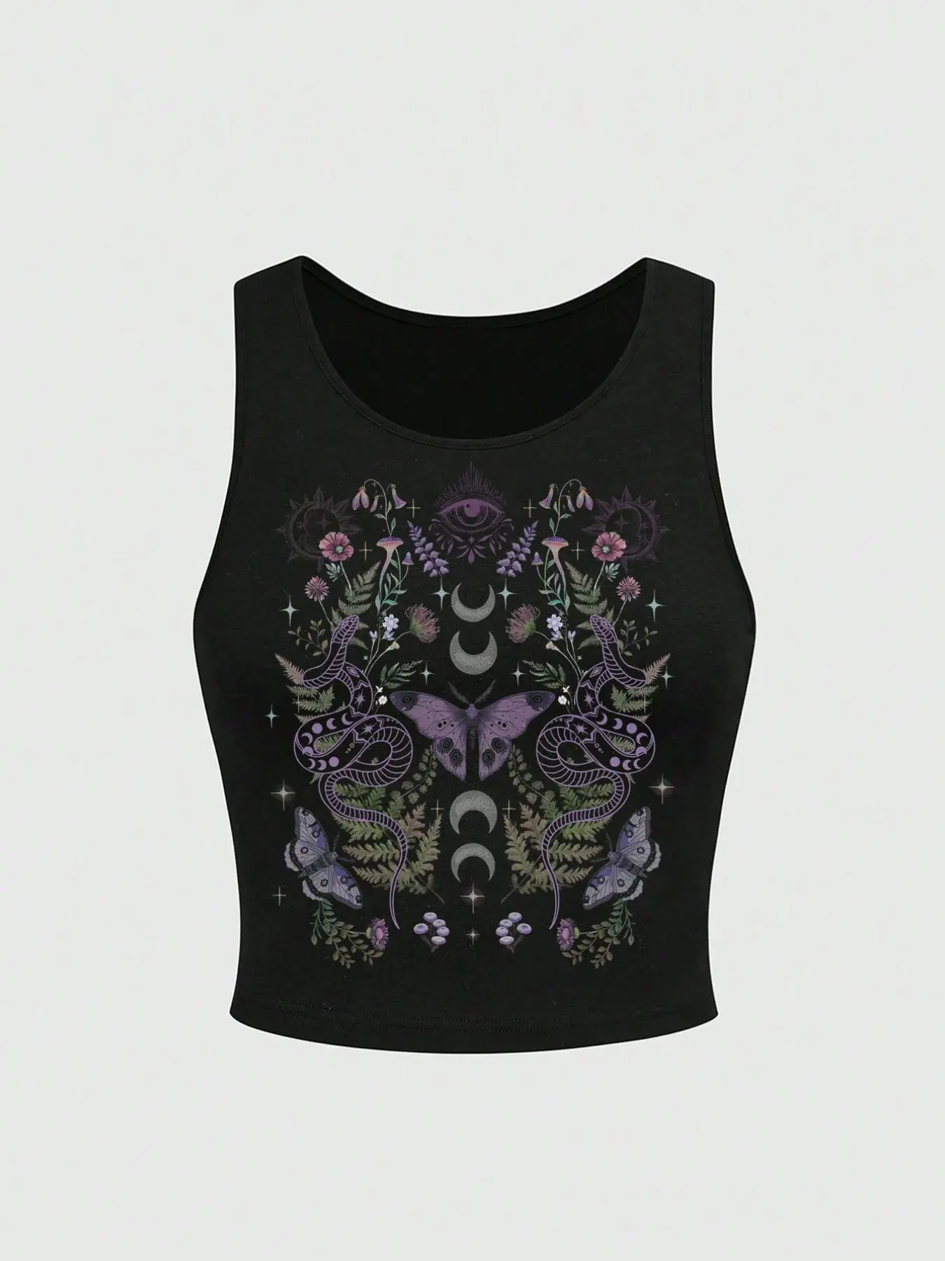 Women's Fitted Snake and Butterfly Moon Print Gym Tank Top, Sleeveless Gym Tops, Casual Summer Beach Cami for Vacation and Swimming, Ladies' Sleeveless Top, Tight Vest