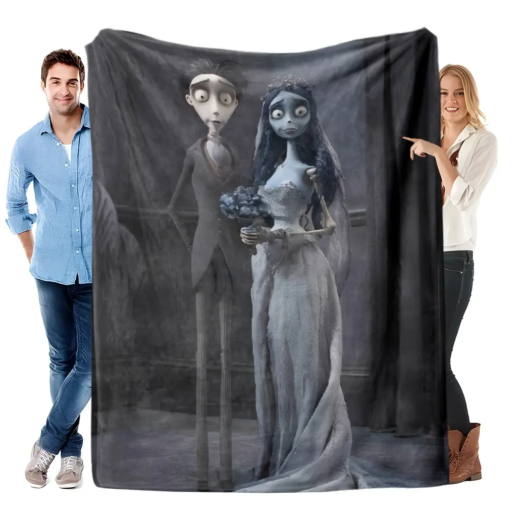 Corpse Bride Original Victor & Emily Wedding Portrait Print Throw Blanket, Multi-Size Anti-Pilling Dark-Tone Fleece Fabric, Soft Fluffy, Ideal for Home Decor, Gothic Film Fan Gifts