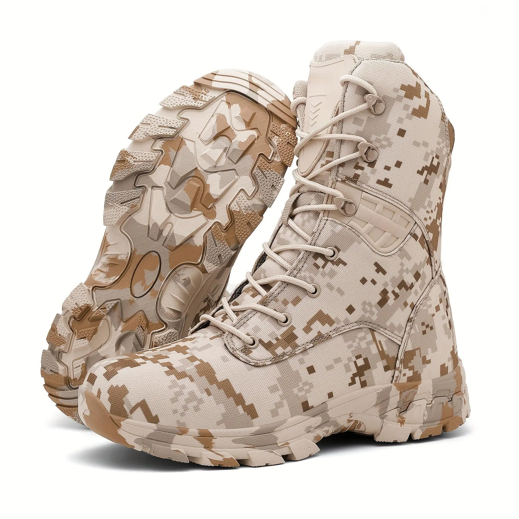 Men's high top camouflage hiking boots, outdoor climbing work boots with zipper closure, nylon fabric, rubber sole, non-slip EVA insole, striped pattern, all year outdoor shoe style