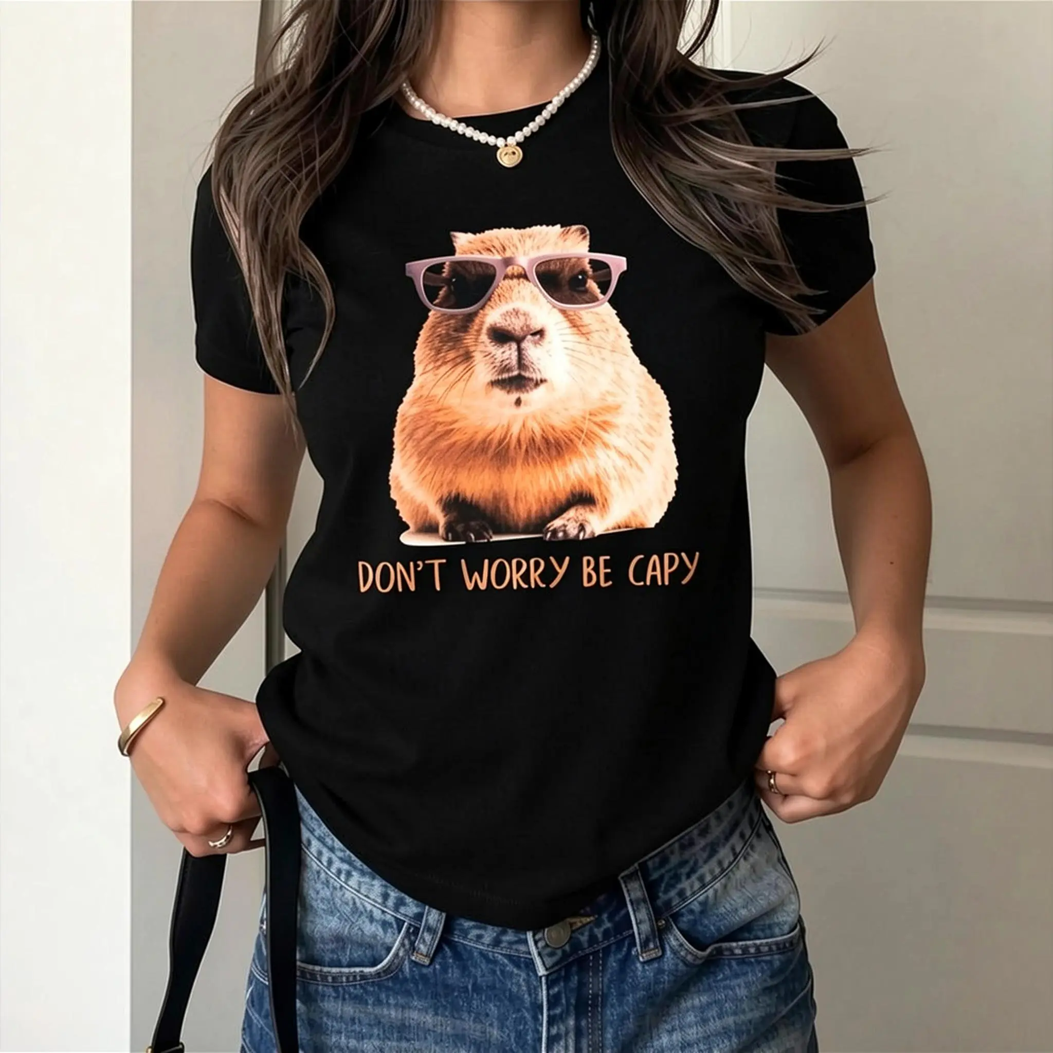 Women's Pure Cotton Short-Sleeve Casual Fitted T-Shirt, Cute Cartoon Capybara Graphic Tee ("Don't Worry Be Capy" Print), Shortsleeve, Cartoon Capybara Women's T-Shirts, Cute Capybara Graphic Women's T-Shirts
