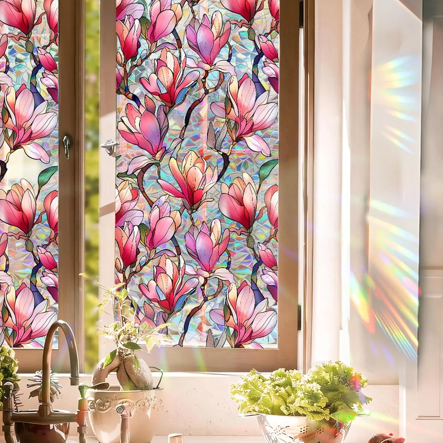 Pink Window Film, Privacy Protection Static Clings, 17'' x 78.74'' | Stained Glass Decorative Film, Removable Window Tint for Home, Sun UV Blocking Thermal Insulation Cling Sticker for Glass