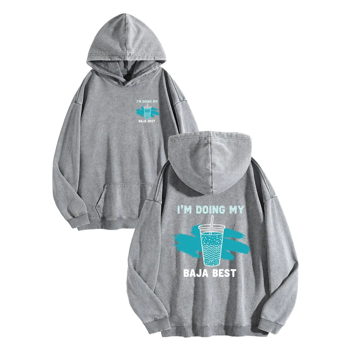 Women's Oversized Polyester Vintage Acid Wash Graphic Hoodie - Funny "I’m Doing My Baja Best" Drink Cup Print, Front & Back Design, Kangaroo Pocket, Unisex Plus Size Casual Streetwear for Everyday Wear, Matching Joggers Compatible, Back To School