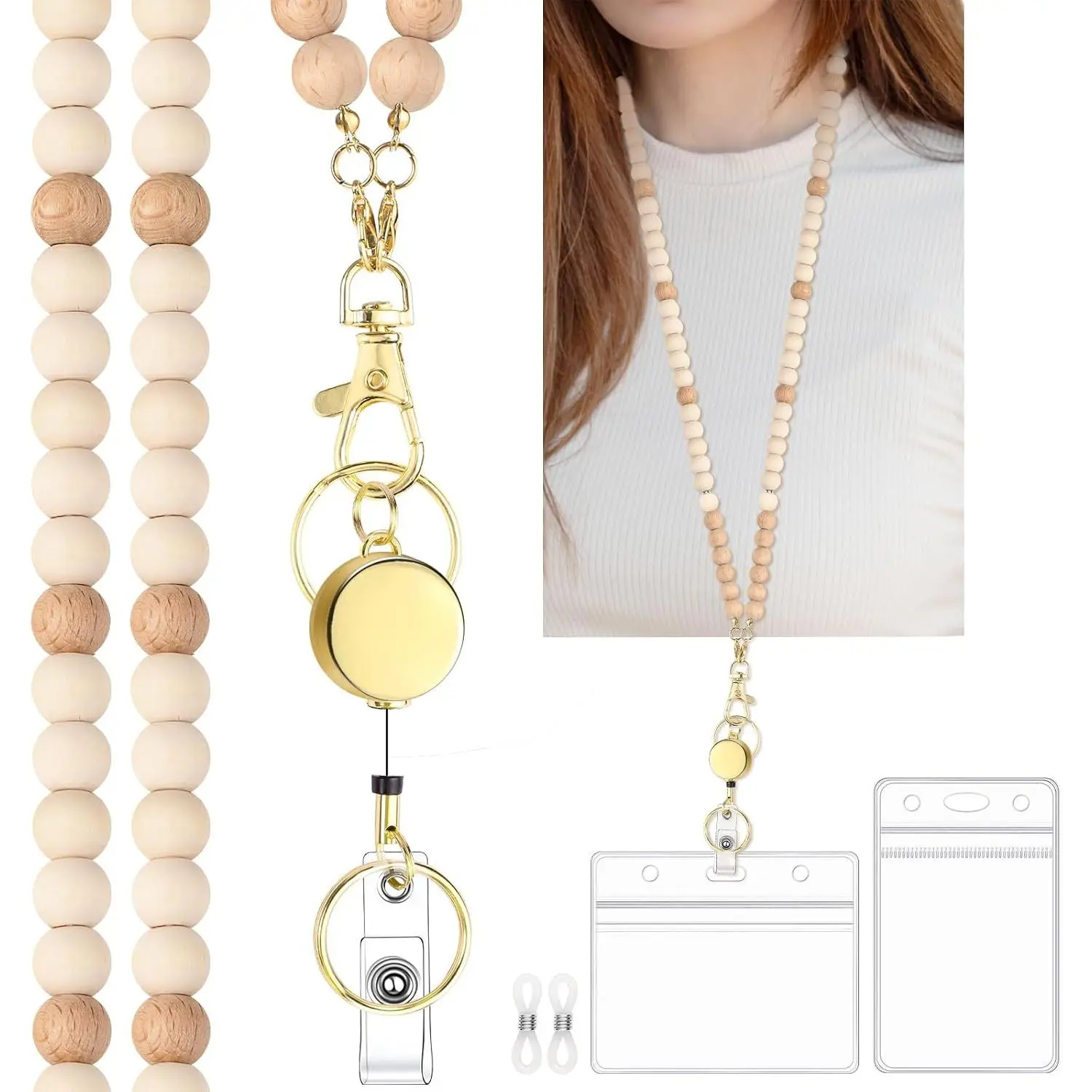 Teacher Beaded Lanyard with ID Holder, Retractable Reel | Wooden beads, 16.14 in lanyard, 13.39 in retractable reel, 2 card holders, eyeglass loops for badges, , glasses