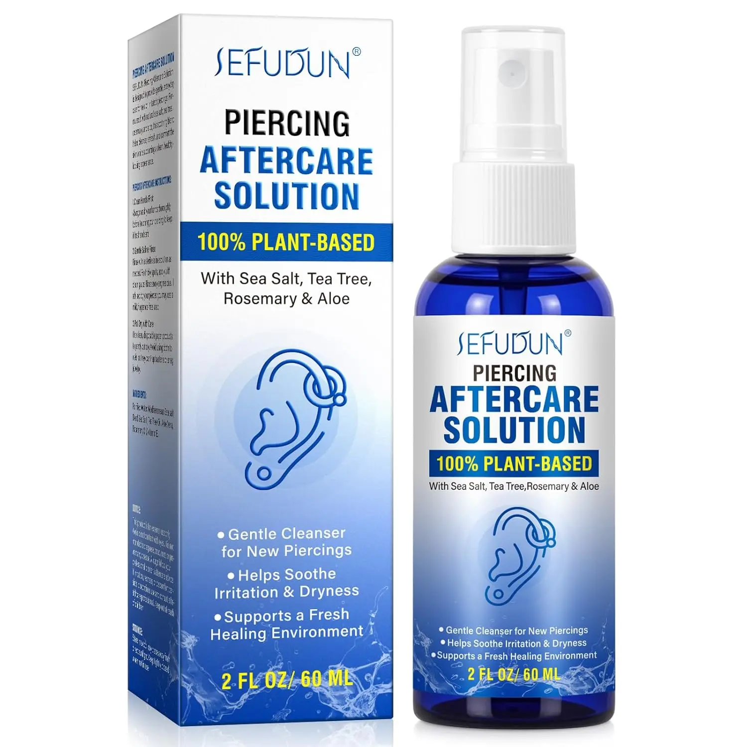 Piercing Aftercare Spray, Ear Piercing Cleaner, Gentle Plant-Based Cleanser to Soothe Irritation and Dryness, 60 ml