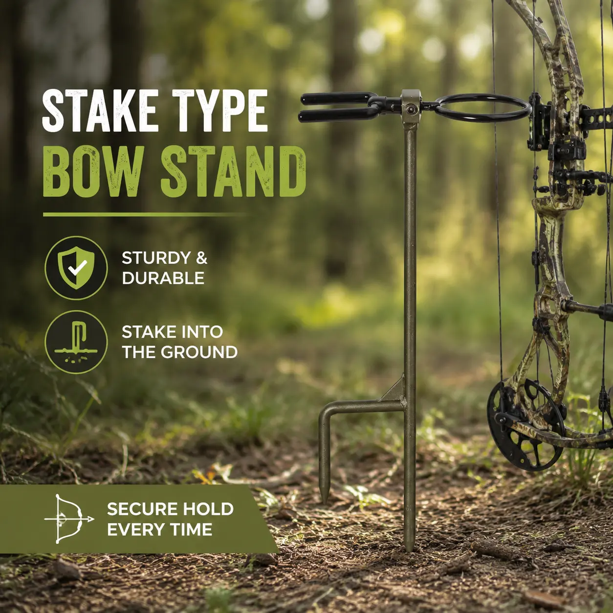 Metal Bow and Arrow Ground Stand, Portable Stake-Type Holder for Bow Hunting and Outdoor Archery, Ground-Fit Archer Accessory