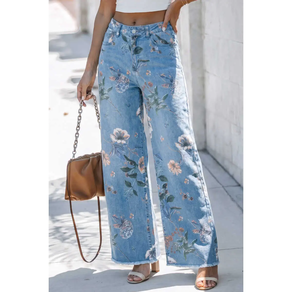 Women's Retro Floral Jeans Pants, Ankle Length Bohemian Style with Frayed Hem, Soft Stretch Cotton Blend Fabric for Casual Wear, Lady, Bottom, Clothes, Elastane, Boho Retro Look