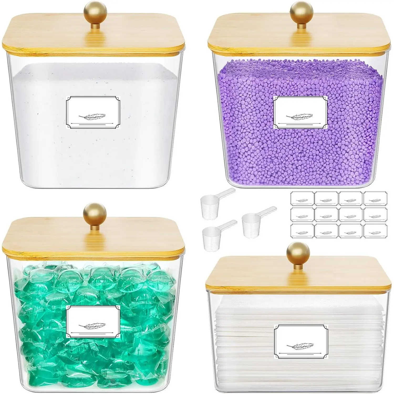 Laundry Pods Container with Lid, Dryer Sheet Holder, Room Organization Storage for Coffee Pods Kcup Washing Powder, Scent Booster Beads, 2600 +2000ml/0.53+0.7gal,Natural,4 Pcs