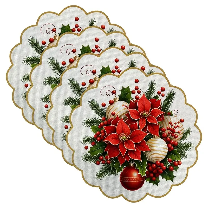 4pcs/6pcs Red Poinsettia & Bell Christmas Placemats, Faux Table Mats with Poinsettia Flower, Cloth Placemats, Hand Washable for Holiday Party Decor, Xmas Table Setting, Suitable for Dining Table Decorations, Year-Round Use