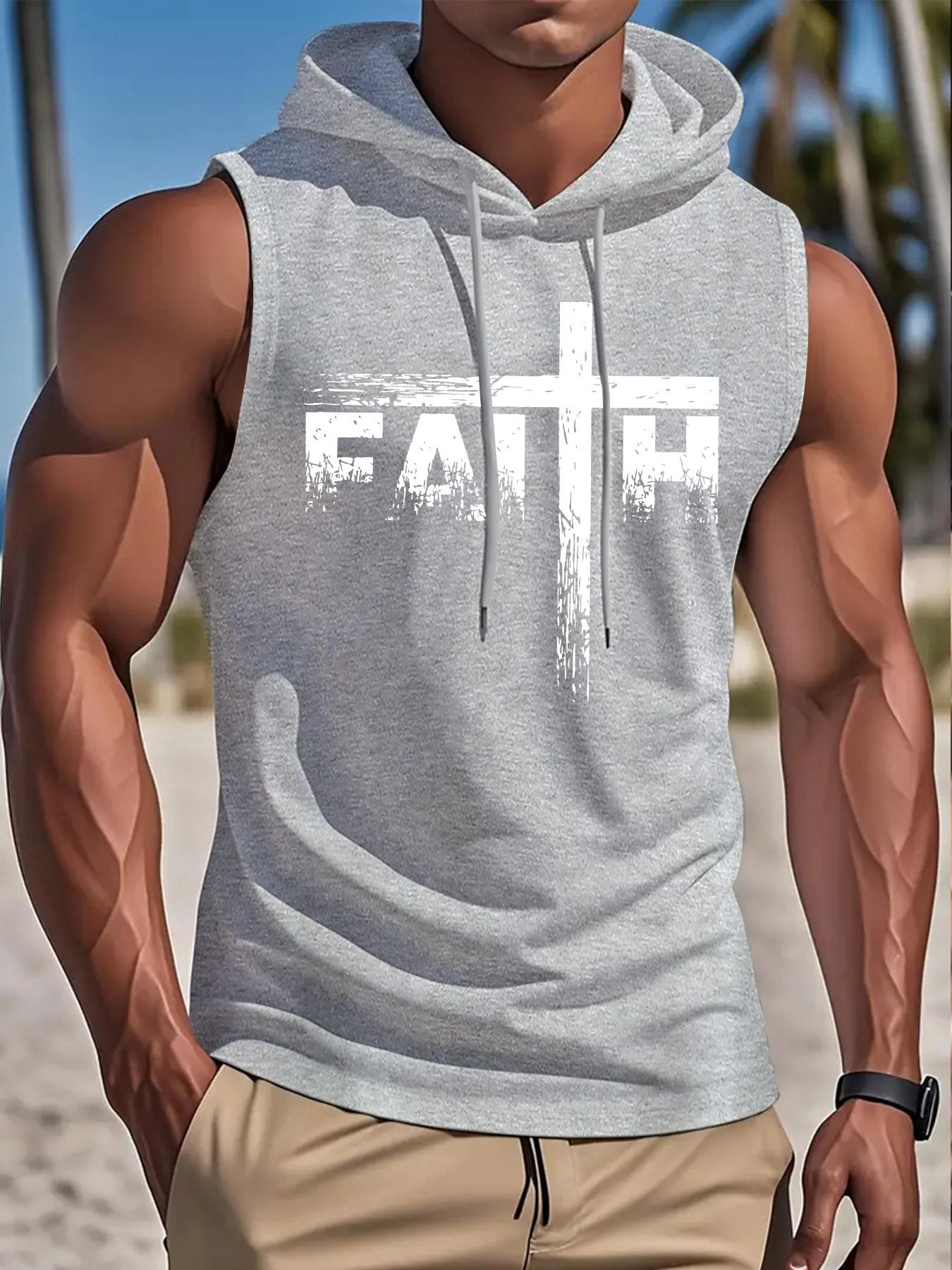 Men's Letter Print Cross & Sleeve Hoodie Tank Top, Regular Fit Casual Street Hooded Sleeveless Top for Summer, Men's Top for Daily Wear, Sweatshirts, Fitted, Knit